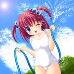  artist_request cloud copyright_request day hair_bobbles hair_ornament hose non-web_source one-piece_swimsuit one_eye_closed outdoors purple_eyes red_hair school_swimsuit short_hair sky solo swimsuit twintails water white_school_swimsuit white_swimsuit 