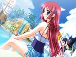  blue_eyes blue_sarong casual_one-piece_swimsuit da_capo da_capo_i day dutch_angle long_hair looking_back non-web_source one-piece_swimsuit outdoors pool poolside print_sarong red_hair sarong shirakawa_kotori solo swimsuit 
