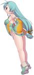  :o aqua_hair armpits bare_legs breasts detached_sleeves earrings eyebrows_visible_through_hair far-c full_body hair_over_one_eye jewelry kei_jiei long_hair looking_at_viewer looking_back medium_breasts original red_eyes sideboob simple_background solo star tiptoes very_long_hair white_background 