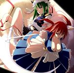  breasts cleavage green_eyes green_hair hat kurikara large_breasts multiple_girls onozuka_komachi red_hair scythe shiki_eiki socks touhou two_side_up 