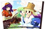  ;o autumn_leaves bad_id bad_pixiv_id bare_shoulders blue_eyes blue_skirt brooch brown_eyes detached_sleeves dress extra_eyes gem hair_ornament hat headband hug hug_from_behind jewelry kochiya_sanae leaf_hair_ornament long_hair long_sleeves looking_at_viewer moriya_suwako multiple_girls natsukawa_sarasa one_eye_closed open_mouth red_dress red_eyes skirt touhou vest yasaka_kanako yuri 