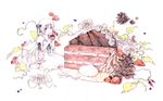  bad_id bad_pixiv_id barefoot cake chocolate_cake eating flower food hair_ornament in_food long_hair minigirl original pastry pinecone rinsan_(nametake) solo traditional_media very_long_hair 
