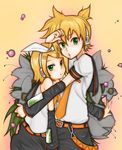  1girl bad_id bad_pixiv_id blonde_hair bow brother_and_sister detached_sleeves flower green_eyes headset kagamine_len kagamine_rin necktie short_hair siblings titanic21 twins vocaloid 