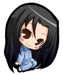  black_hair brown_eyes chibi kakizaki_megu long_hair lowres pac-man_eyes pajamas rozen_maiden solo suntail very_long_hair 