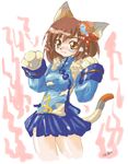  animal_ears brown_hair cat_ears cat_paws cat_tail chinese_clothes fur houjou_no_nene kazami_karasu miniskirt oekaki onmyou_taisenki paws ribbon skirt solo tail yellow_eyes 