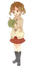  artist_request black_eyes blouse boots brown_hair cabbage child doujima_nanako persona persona_4 short_twintails skirt smile solo turtleneck twintails winter_clothes 