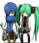  1girl ^_^ blue_hair blue_scarf closed_eyes green_hair groceries hatsune_miku holding_hands kaito long_hair nagi_(pixiv) necktie scarf smile spring_onion thighhighs twintails very_long_hair vocaloid 