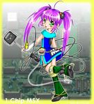  boots border cable computer gloves green_eyes green_footwear magical_girl msx os-tan pink_hair smile solo standing standing_on_one_leg wand yellow_border 