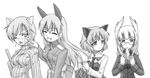  animal_ears brave_witches eating eila_ilmatar_juutilainen food glasses greyscale heidimarie_w_schnaufer monochrome multiple_girls nikka_edvardine_katajainen sanya_v_litvyak strike_witches uniform urutsu_sahari world_witches_series 