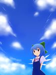  arms_behind_back blue_hair bow cirno cloud day hair_bow looking_at_viewer short_hair sky smile solo touhou tsuyuki_(yukitgraph) wings 