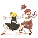  action animal_ears bad_id bad_pixiv_id blonde_hair cervus hair_ribbon hat lowres multiple_girls mystia_lorelei palm_strike ribbon rumia short_hair touhou wings wrestling 