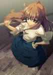  aisaka_taiga bad_feet bad_id bad_pixiv_id barefoot blue_hakama bokken brown_eyes brown_hair from_above hakama hand_on_hip japanese_clothes long_hair over_shoulder shima_udon solo sword sword_over_shoulder toradora! weapon weapon_over_shoulder wooden_sword 