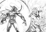  cape crossover dragon_ball dragon_ball_z epic flying greyscale helmet magneto male_focus marvel miguel_mendonca monochrome multiple_boys son_gokuu super_saiyan x-men 