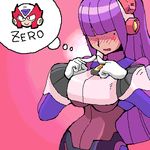  1girl bad_id bad_pixiv_id banchosu blush breasts dark_skin gloves hair_over_eyes large_breasts layer long_hair lowres mole mole_under_eye oekaki purple_hair rockman rockman_x thinking underboob zero_(rockman) 