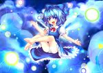  barefoot blue_eyes blue_hair cirno danmaku enone feet legs_up open_mouth outstretched_arm outstretched_hand panties pantyshot ribbon short_hair smile solo striped striped_panties touhou underwear upskirt wings 