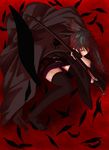  black_hair cape feathers fingerless_gloves gloves highres holding holding_sword holding_weapon ichiyuu karasuba katana long_hair looking_at_viewer red_background red_eyes sekirei solo sword weapon 