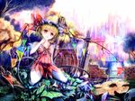  adapted_costume bird blonde_hair building city collarbone dress finger_to_mouth flandre_scarlet hat looking_at_viewer red_dress red_eyes sitting skull skyscraper sleeveless sleeveless_dress solo tenhenoboru touhou tree tree_stump wall wariza wings 