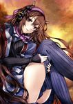  :d absurdres blush brown_eyes brown_hair cloud cloudy_sky head_tilt headphones highres knees_up looking_at_viewer loretta_rembrandt open_mouth outdoors parted_lips pokimari senjou_no_valkyria senjou_no_valkyria_3 sky smile solo sunset thighhighs thighs undressing uniform 