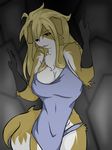  big_breasts black_nose blonde_hair breasts brown_fur canine chest_tuft clothing dog female fur hair long_hair looking_at_viewer mammal open_mouth orange_eyes solo tuft white_fur yus-ts 