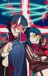  1girl black_hair blue_eyes cape core_drill creator_connection crossed_arms crossover highres jacket jewelry kill_la_kill matoi_ryuuko multicolored_hair nanaya_(daaijianglin) necklace red_hair safety_glasses scarf senketsu senketsu_(scarf) short_hair simon smile spoilers star_shades streaked_hair tengen_toppa_gurren_lagann track_jacket two-tone_hair 