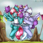  bow cheerleader clothing duo equine female feral fizzy_pop_(mlp) friendship_is_magic hair happy horse lilac_sky_(mlp) mammal mixipony my_little_pony one_eye_closed outside pegasus pom_poms pony smile wings 