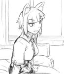 1girl animal_ears bad_id bad_pixiv_id breasts cat_ears commentary_request greyscale kuraishi_tanpopo large_breasts monochrome on_bed short_hair sitting sketch slit_pupils solo tsukudani_(coke-buta) witch_craft_works 