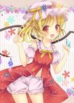  bat_wings blonde_hair bloomers bow flandre_scarlet flower harukaruha hat highres navel open_mouth red_eyes short_hair side_ponytail solo striped touhou underwear vertical_stripes wings 