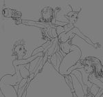  alien artist_request bikini breasts greyscale gun large_breasts monochrome monster_girl multiple_girls nude pointy_ears short_hair swimsuit trials_in_tainted_space weapon zo'dee 