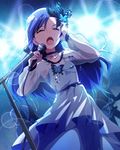  audience blue blue_hair bug butterfly butterfly_hair_ornament closed_eyes hair_ornament idolmaster idolmaster_(classic) idolmaster_million_live! insect kisaragi_chihaya long_hair microphone microphone_stand music official_art singing stage_lights 