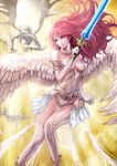  angel angel_wings bare_shoulders breasts burunuu_(bullnukko) collar gloves green_eyes long_hair medium_breasts original red_hair solo sword weapon wings 