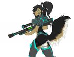  armor blue_eyes canine female fishnet gun headset kittentits mammal ponytail ranged_weapon rifle sci-fi shanys solo weapon 