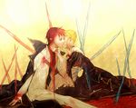  1girl beatrice blonde_hair blood cape choker closed_eyes couple dress hair_bun hetero impaled injury kiss necktie red_hair sitting umineko_no_naku_koro_ni ushiromiya_battler wide_sleeves yukikun_shouma 