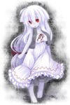  ahoge bad_id bad_pixiv_id barefoot dress empty_eyes eyebrows_visible_through_hair frilled_dress frills full_body highres long_hair looking_at_viewer low-tied_long_hair nightmare_cat open_mouth pants pixiv_mahou_gakuen red_eyes solo very_long_hair white_dress white_hair white_skin 