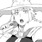  animal_hat cape cat_hat eyebrows greyscale hat kuraishi_tanpopo lineart microphone monochrome music open_mouth singing slit_pupils solo thick_eyebrows tsukudani_(coke-buta) witch_craft_works 