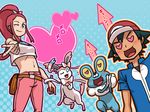  1girl bare_shoulders baseball_cap belt black_hair blue_eyes blush bow breasts denim froakie habatakuhituji hair_bow hair_ornament happy hat heart hips jacket jeans jumping midriff navel nintendo open_mouth pants pink_hair poke_ball pokemon pokemon_(anime) pokemon_(game) pokemon_xy ponytail premiere_(pokemon) red_hair shirt short_hair small_breasts smile sylveon tongue translation_request white_shirt wink 