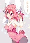  animal_ears bad_id bad_pixiv_id bandages bare_shoulders black_legwear blush bun_cover bunny_ears bunnysuit double_bun ear_blush embarrassed flower ibaraki_kasen kemonomimi_mode open_mouth pantyhose pink_eyes pink_hair revision rose sala_mander short_hair solo touhou 