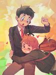  2boys bag blush brown_eyes brown_hair child clenched_teeth heart hug jacket male male_focus multiple_boys necktie open_mouth pants red_eyes red_hair school_bag shirt teeth thomas_hewitt wince yaoi 