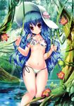  absurdres bikini blue_hair blush bracelet breasts flower food forest fruit groin hat highres hinanawi_tenshi image_sample jewelry light_rays long_hair looking_at_viewer maruchan. nature navel peach petals plant red_eyes river shiny shiny_skin side-tie_bikini small_breasts smile solo sunbeam sunlight swimsuit thigh_gap touhou vines wading yandere_sample 