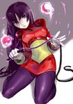  1girl black_hair breasts brown_eyes female formal gloves gym_leader kneeling knees legs lips long_hair looking_at_viewer michuru_(qeenbee) natsume_(pokemon) nintendo pantyhose poke_ball pokemon pokemon_(anime) pokemon_(game) purple_hair small_breasts solo suit whip white_gloves 