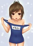  brown_eyes brown_hair highres i-401_(kantai_collection) kantai_collection one-piece_swimsuit open_mouth ponytail school_swimsuit shigi_(shigi_4) short_hair short_ponytail solo swimsuit swimsuit_pull translated 