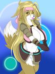  big_breasts black_nose blonde_hair breasts brown_fur canine clothing dog female fur hair headband long_hair looking_at_viewer mammal one_eye_closed orange_eyes solo tongue tongue_out underwear white_fur yus-ts 