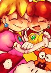  1boy 2girls artist_request blonde_hair brown_hair cloud crown earrings eyes_closed gloves hug jewelry lakitu long_hair mario_(series) multiple_girls nintendo open_mouth orange_hair princess princess_daisy princess_peach short_hair smile super_mario_bros. super_mario_land 