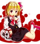  ascot bad_id bad_pixiv_id blonde_hair blood blood_on_face blood_on_fingers bloody_clothes blouse cnm finger_in_mouth frilled_skirt frills hair_ribbon looking_at_viewer red_eyes ribbon rumia short_hair sitting skirt skull touhou vest yokozuwari 