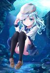  bad_id bad_pixiv_id black_legwear blue_eyes blush bubble hammer_and_sickle hat hibiki_(kantai_collection) kantai_collection long_hair open_mouth pleated_skirt rin_yuu school_uniform silver_hair skirt solo star sunlight thighhighs underwater verniy_(kantai_collection) 