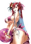  absurdres bikini breasts brown_eyes hair_ribbon highres holding honjou_raita large_breasts looking_at_viewer multicolored_hair open_mouth red_hair ribbon riela_marcellis see-through senjou_no_valkyria senjou_no_valkyria_3 side-tie_bikini sideboob silver_hair simple_background solo swimsuit twisted_torso two-tone_hair underboob white_background 