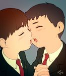  2boys blush brown_hair child eyes_closed grey_background hand_holding incipient_kiss jacket male male_focus multiple_boys necktie open_mouth shirt short_hair simple_background thomas_hewitt tongue yaoi 