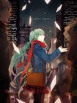  city coat copyright_name envelope green_eyes green_hair hatsune_miku long_hair p0ckylo pantyhose red_scarf scarf skirt solo_focus song_name twintails very_long_hair vocaloid 