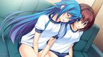  2girls amagai_yukino blue_eyes blue_hair brown_hair candysoft game_cg gym_uniform long_hair short_hair sleeping tsuyokiss_next 