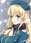  aqua_eyes atago_(kantai_collection) bad_id bad_pixiv_id blonde_hair grey_background hat kantai_collection long_hair open_mouth snow snowing solo sousouman 