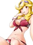  1girl bikini blonde_hair boobies_uniform breasts choker female finger_to_mouth front-tie_bikini front-tie_top hairband highres honey_(space_dandy) long_hair ma.ru navel short_shorts shorts simple_background solo space_dandy swimsuit white_background wrist_cuffs 